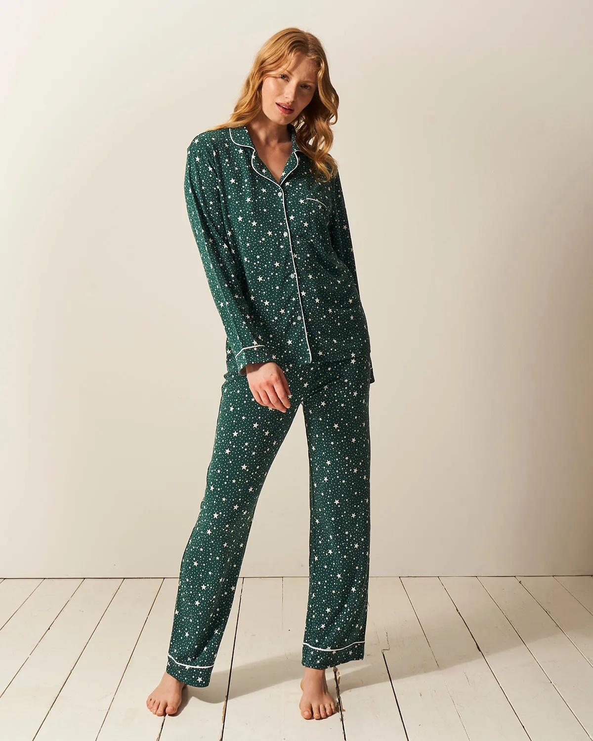 Long Pyjama Set - Forest Green Stars sold by Stripe & Stare