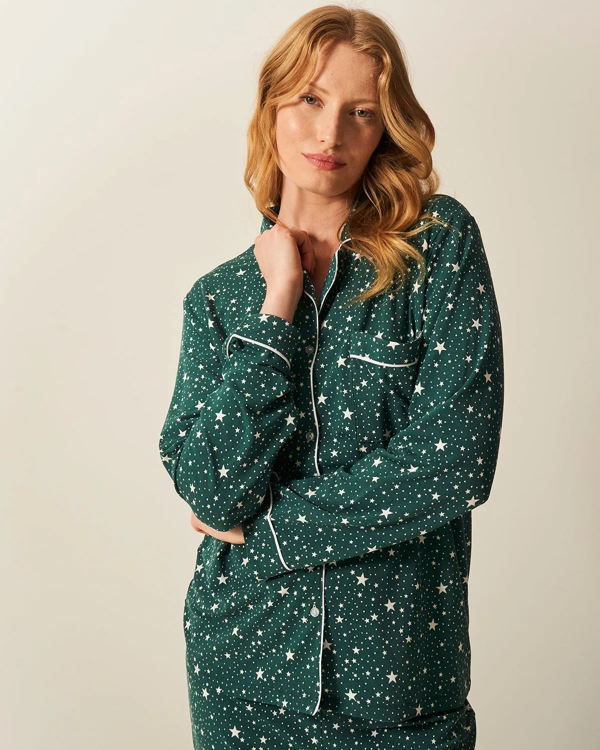 Long Pyjama Set - Forest Green Stars sold by Stripe & Stare product image thumbnail 5