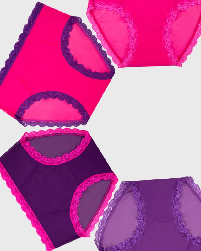 Mesh High Rise Knicker Four Pack - Purple & Raspberry sold by Stripe & Stare