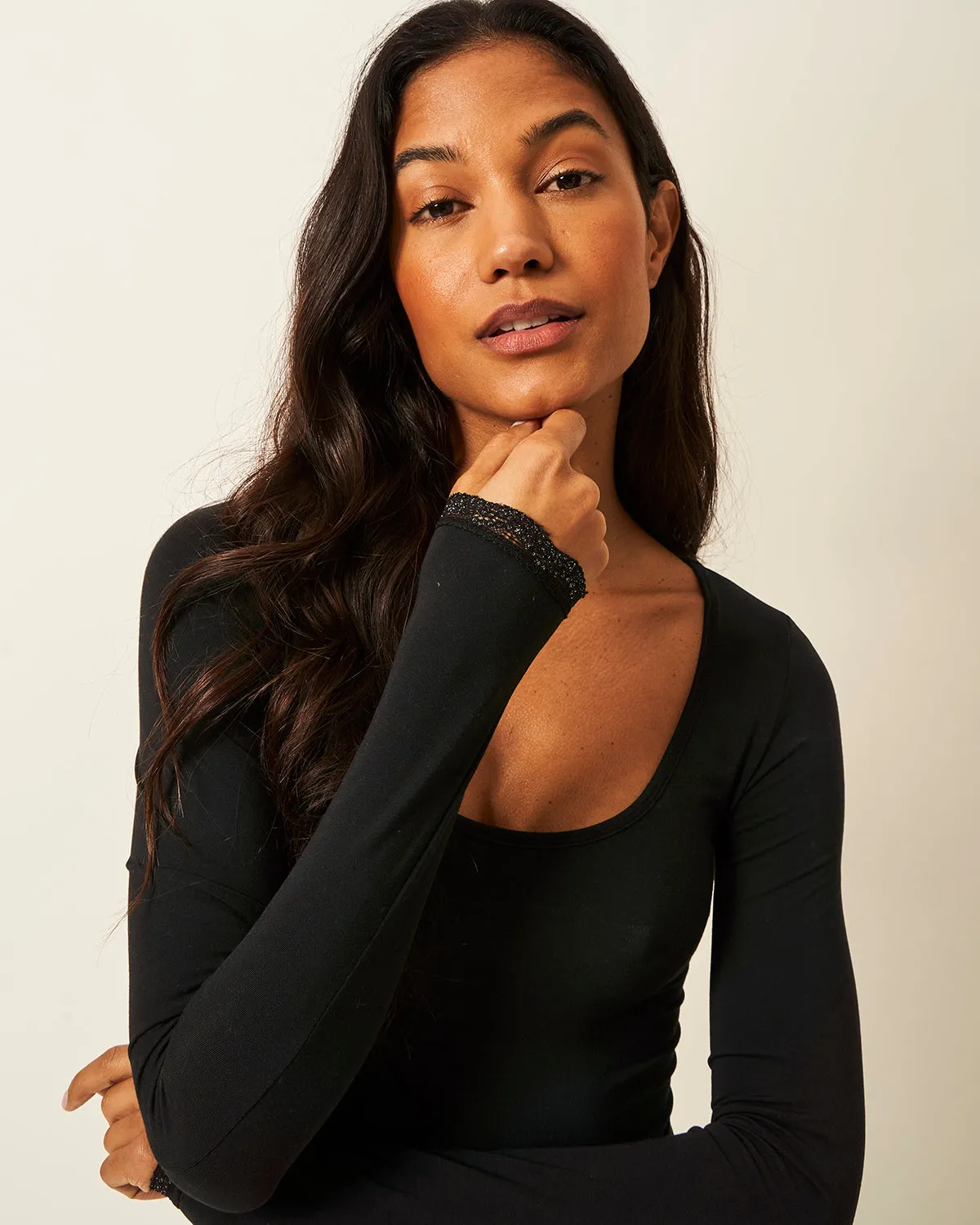 Plunge Long Sleeve Bodysuit - Black Sparkle Lace sold by Stripe & Stare product image thumbnail 2
