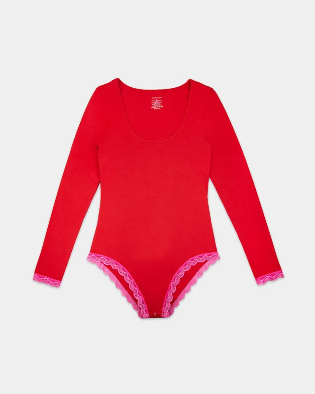 Plunge Long Sleeve Bodysuit - Scarlet & Raspberry Sparkle Lace sold by Stripe & Stare