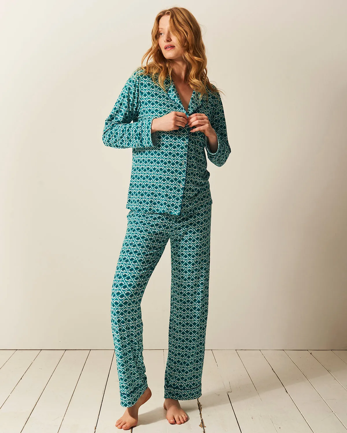 Long Pyjama Set - Teal Floral Tile sold by Stripe & Stare product image thumbnail 2