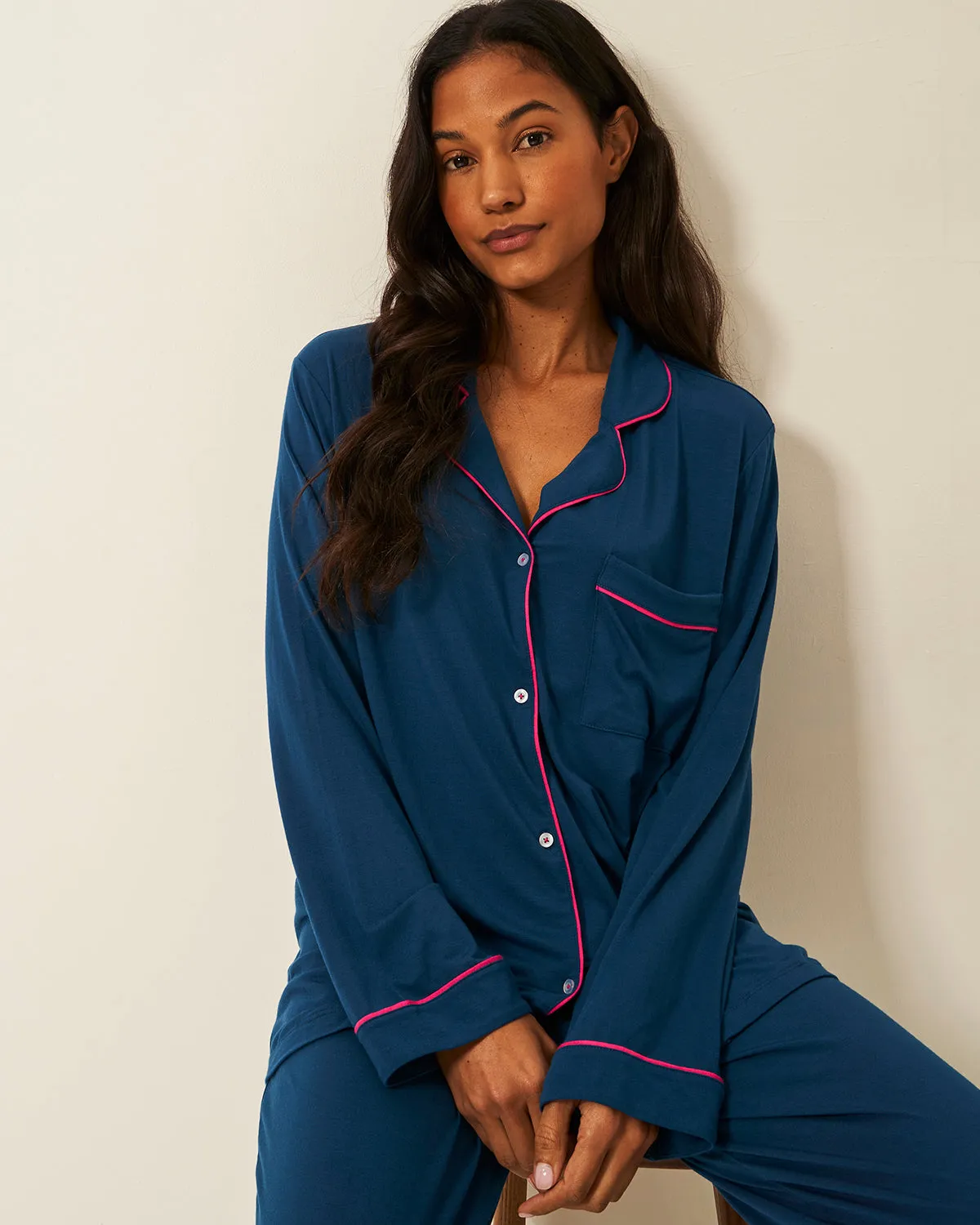 Long Pyjama Set - Midnight and Raspberry sold by Stripe & Stare product image thumbnail 2