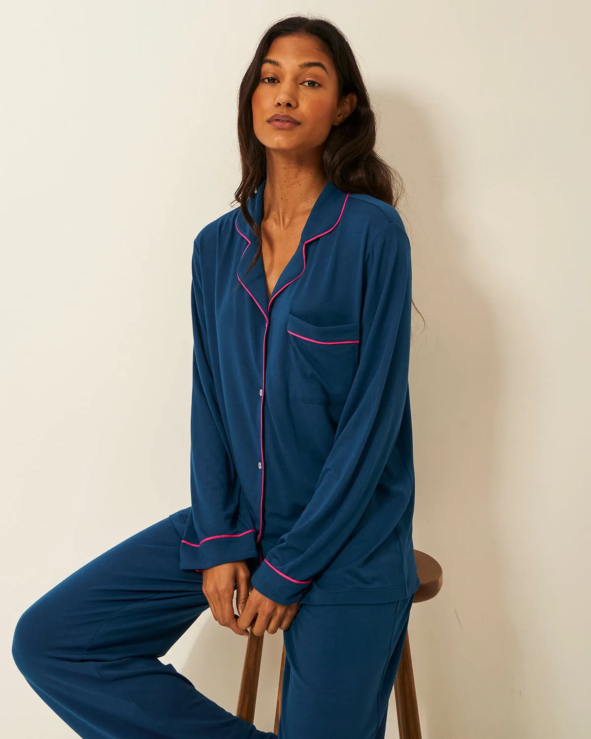 Long Pyjama Set - Midnight and Raspberry sold by Stripe & Stare product image thumbnail 4