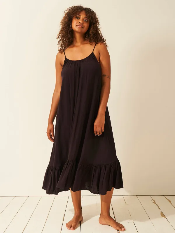 Seersucker Midi Frill Everywhere Dress - Black sold by Stripe & Stare