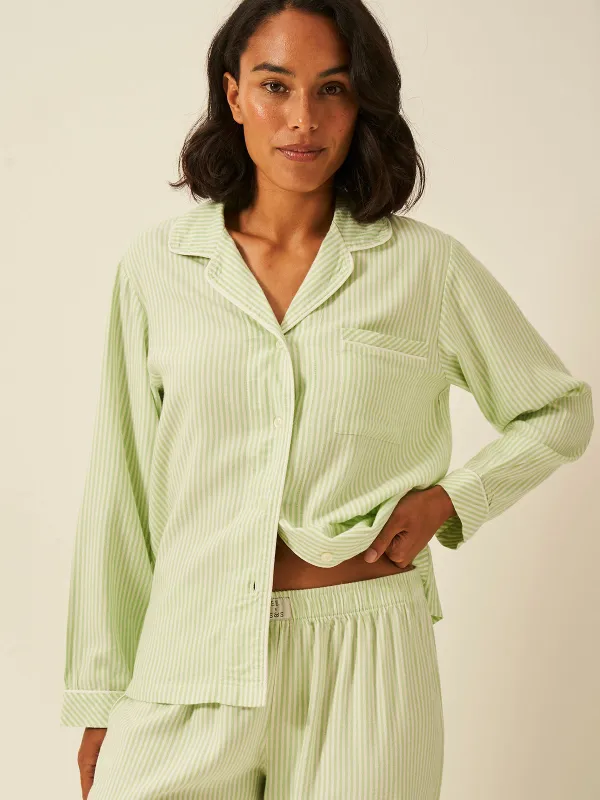 Emily English X S&S Soft Brushed Woven Pyjama Top - Matcha Stripe sold by Stripe & Stare