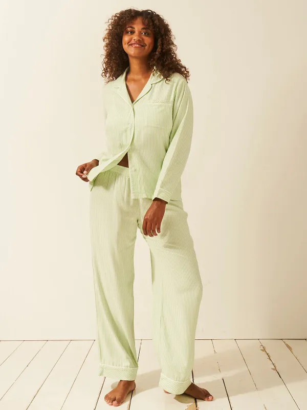 Emily English X S&S Soft Brushed Woven Pyjama Bottoms - Matcha Stripe sold by Stripe & Stare