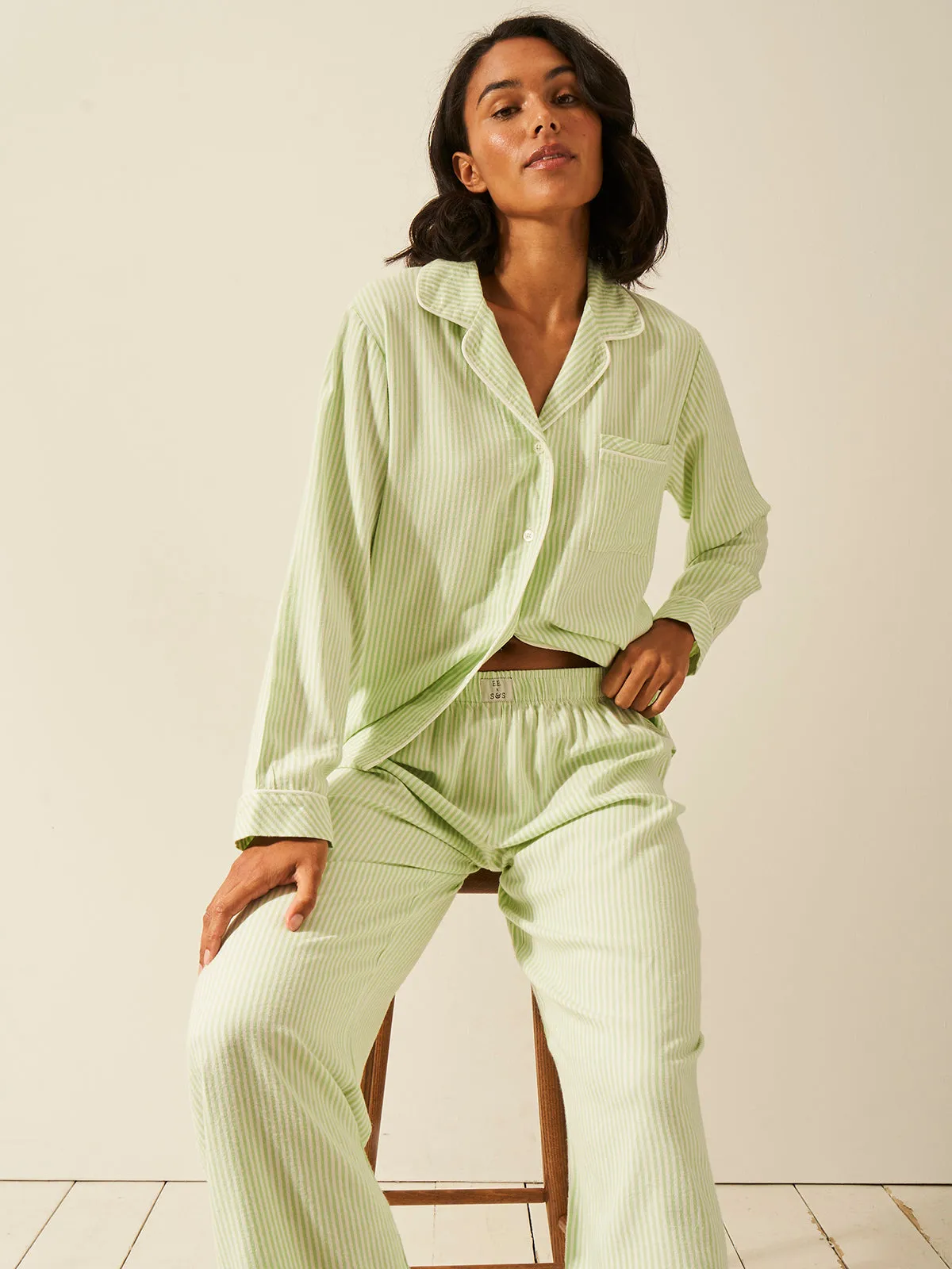 Emily English X S&S Soft Brushed Woven Pyjama Bottoms - Matcha Stripe sold by Stripe & Stare product image thumbnail 5