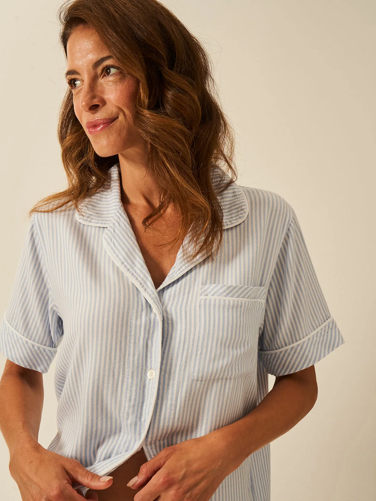 Soft Brushed Woven Short Sleeve Pyjama Top - Blue Stripe sold by Stripe & Stare product image thumbnail 2