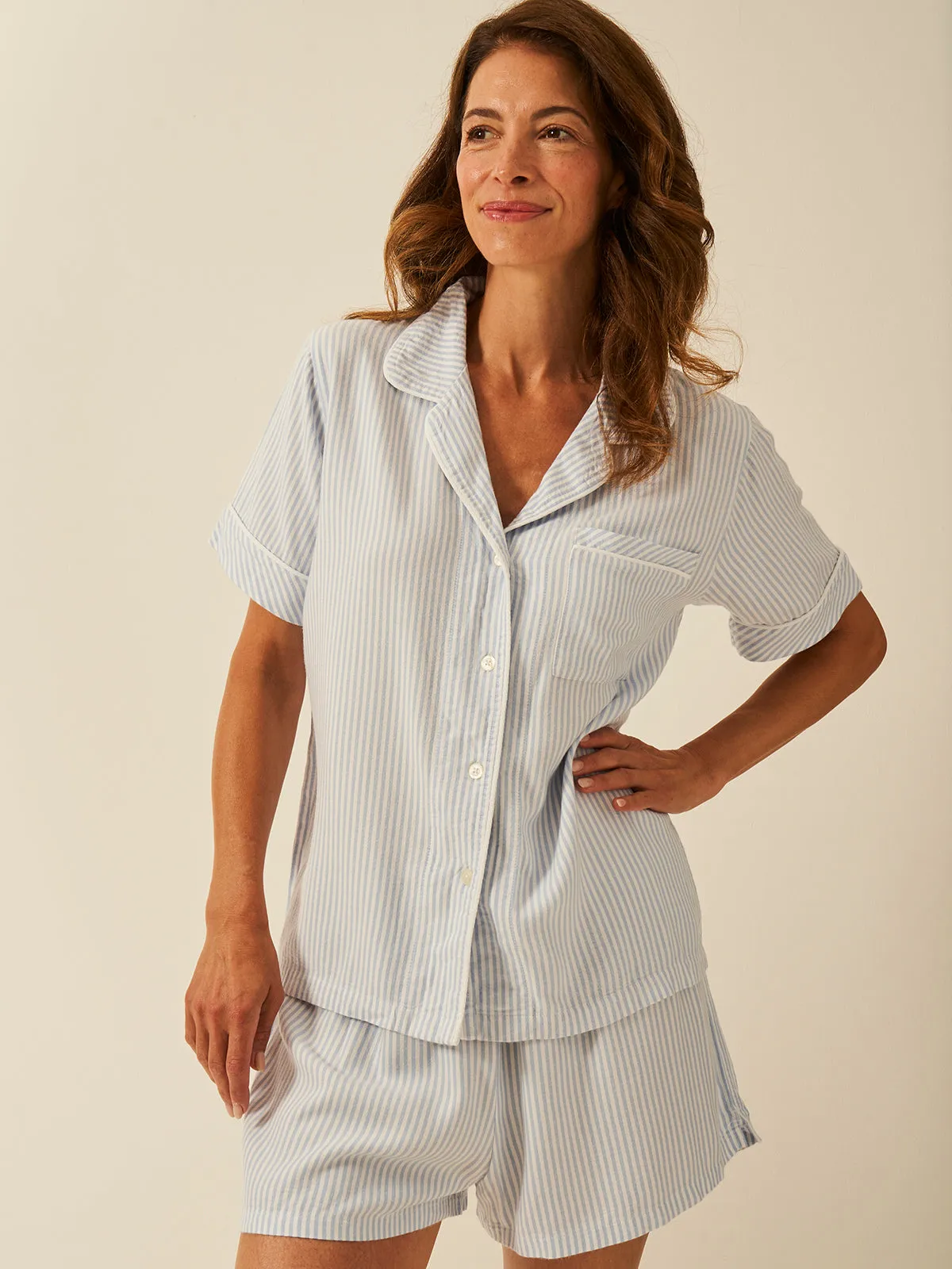 Soft Brushed Woven Short Sleeve Pyjama Top - Blue Stripe sold by Stripe & Stare