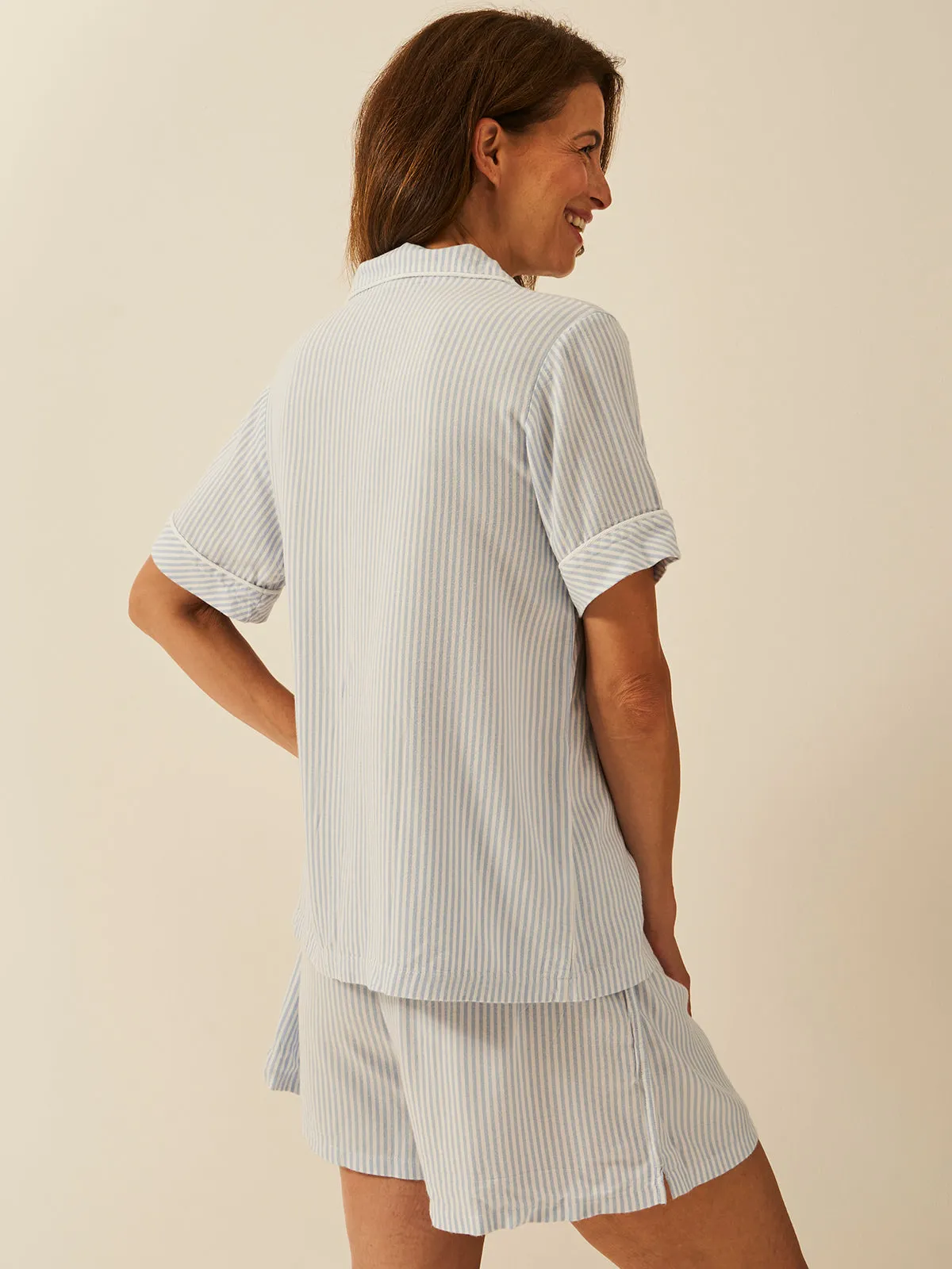 Soft Brushed Woven Short Sleeve Pyjama Top - Blue Stripe sold by Stripe & Stare product image thumbnail 4