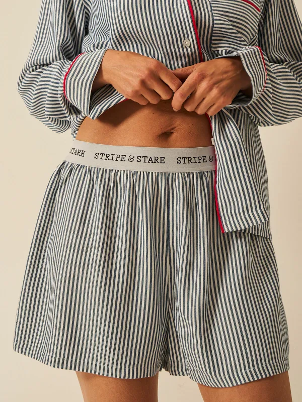 Soft Brushed Woven Pyjama Shorts - Midnight Stripe sold by Stripe & Stare