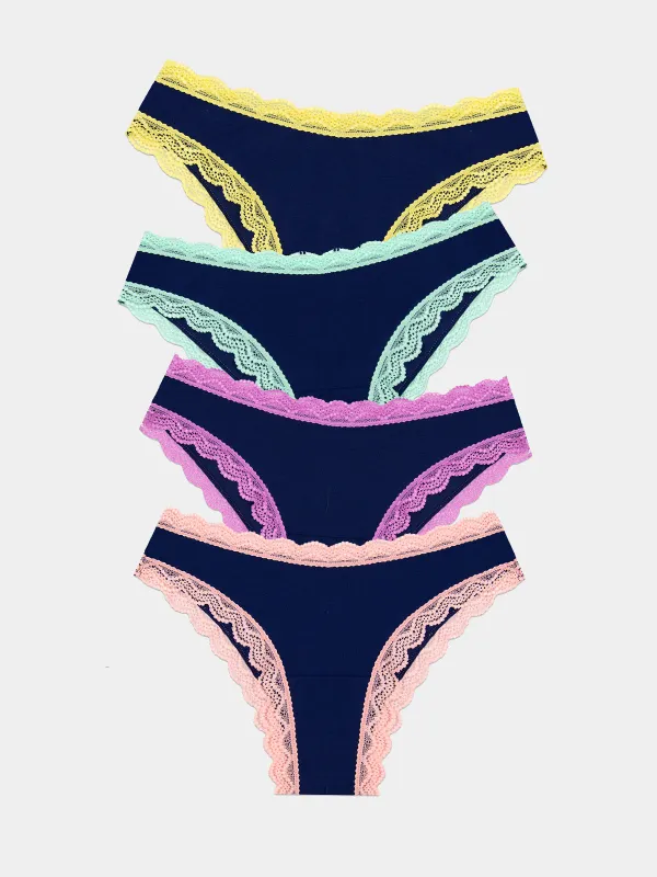 Brazilian Knicker Four Pack - Navy Pastels sold by Stripe & Stare