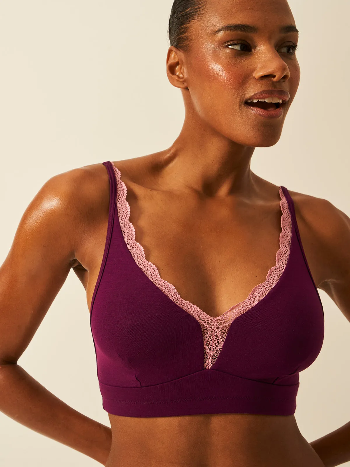 Lace Plunge Bra - Black Cherry & Dusky Pink sold by Stripe & Stare