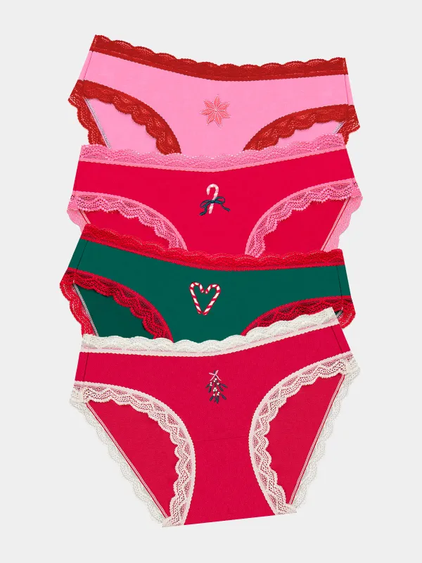 The Original Knicker Four Pack - Mistletoe Kisses Embroidery made by Stripe & Stare