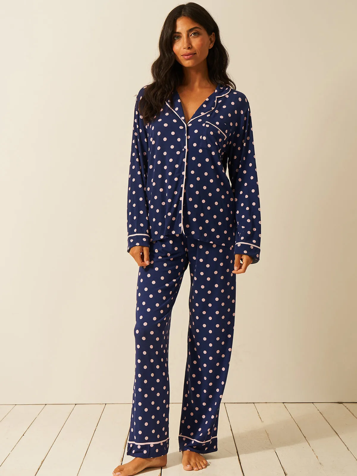 Long Pyjama Set - Navy Spot sold by Stripe & Stare