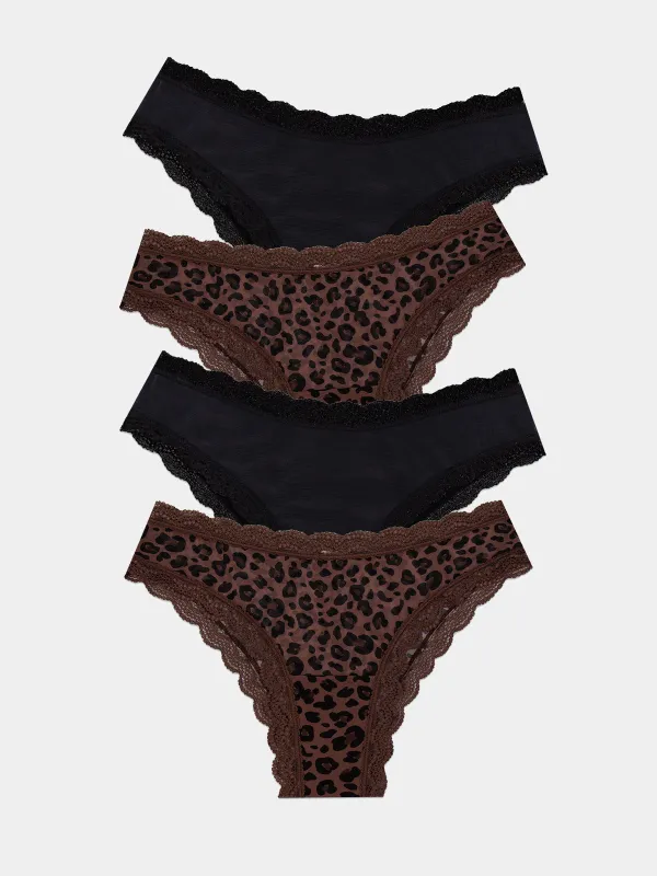 Mesh Brazilian Knicker Four Pack - Black & Leopard sold by Stripe & Stare