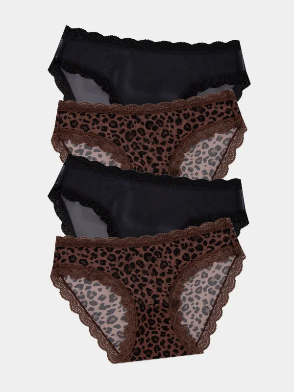 Mesh Original Knicker Four Pack - Black & Leopard sold by Stripe & Stare