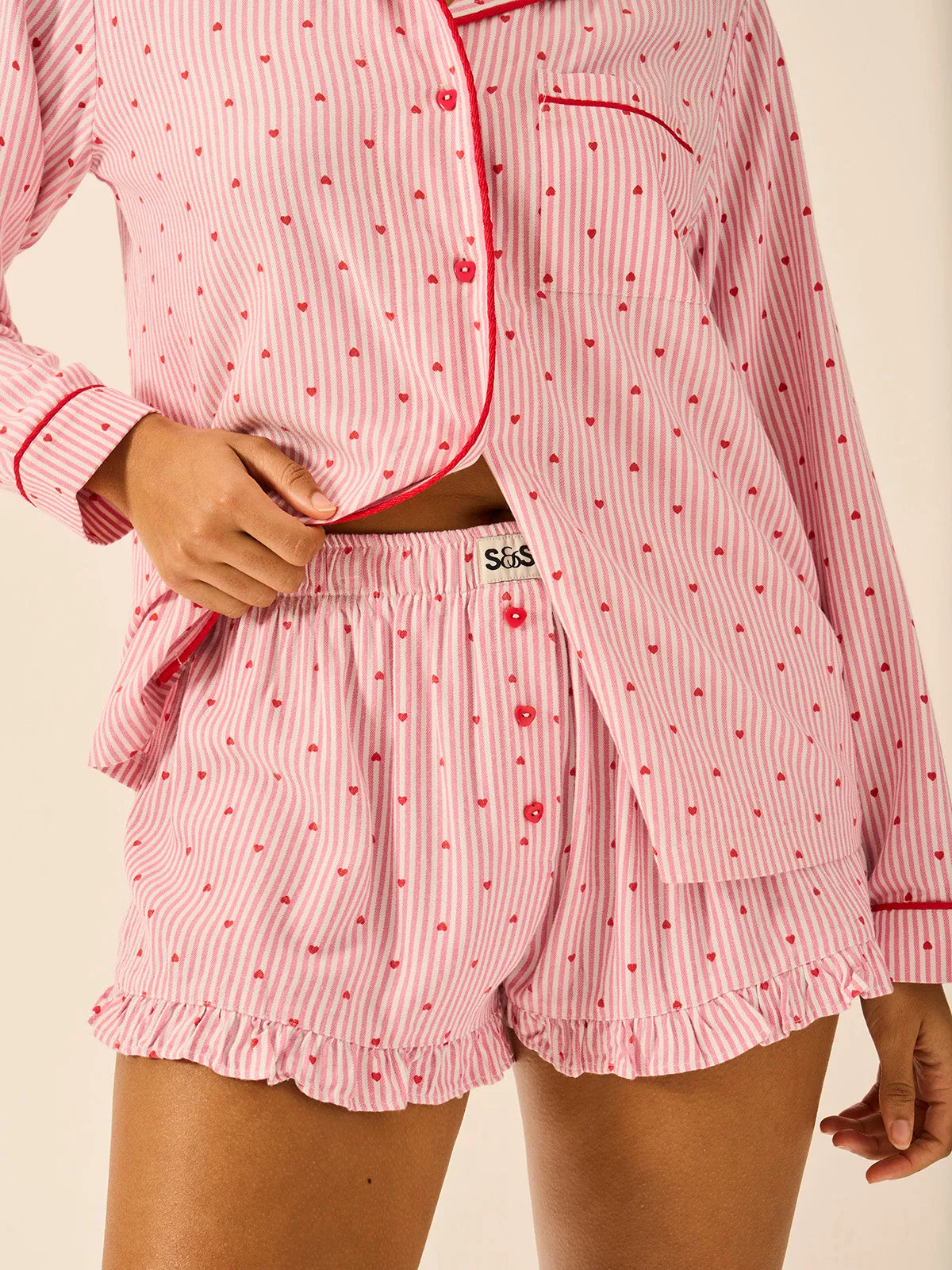 Soft Brushed Woven Frill Pyjama Shorts - Hearts sold by Stripe & Stare