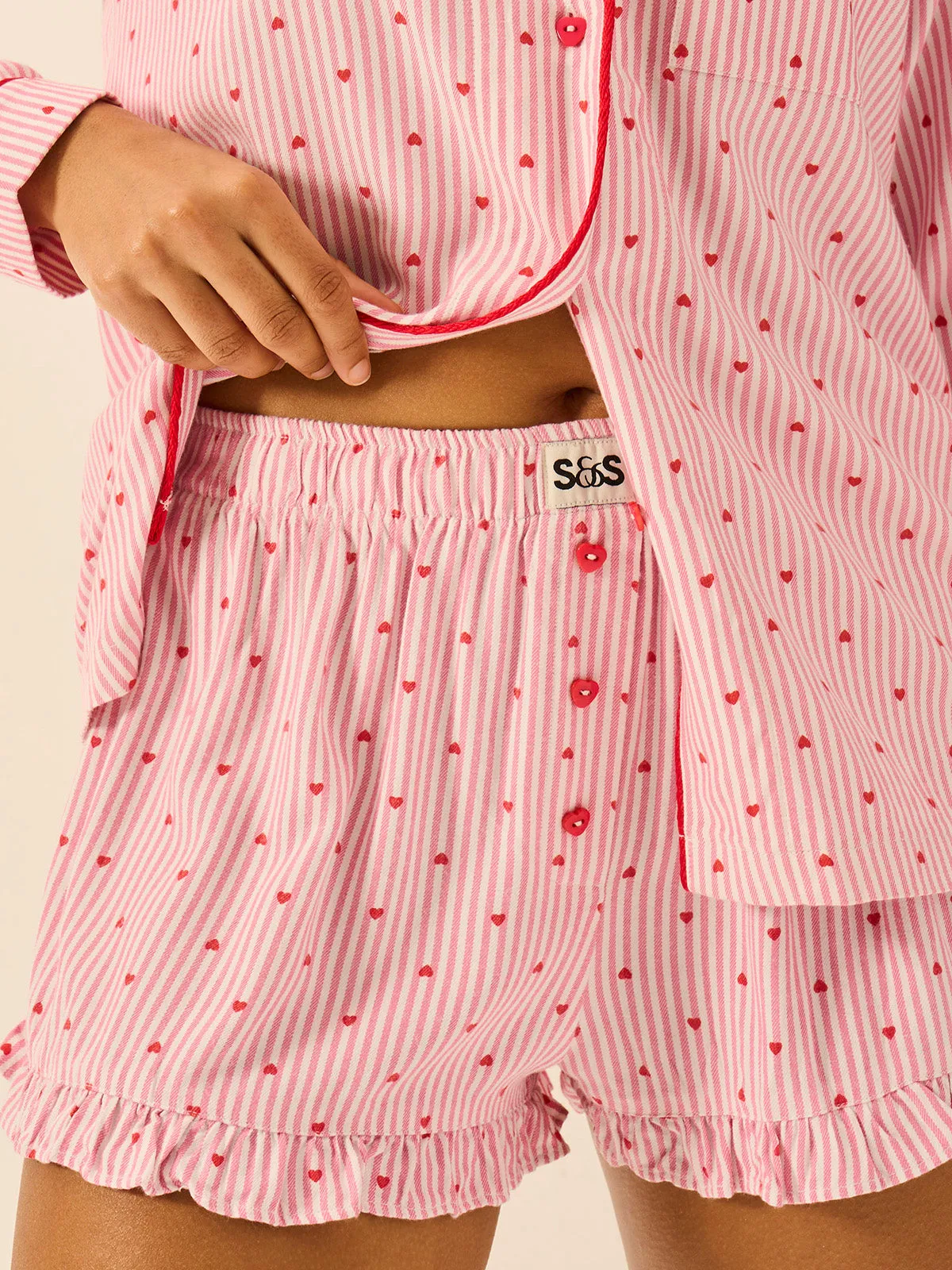 Soft Brushed Woven Frill Pyjama Shorts - Hearts sold by Stripe & Stare product image thumbnail 3