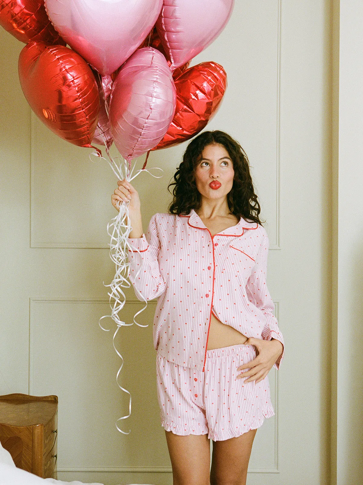 Soft Brushed Woven Frill Pyjama Shorts - Hearts sold by Stripe & Stare product image thumbnail 5