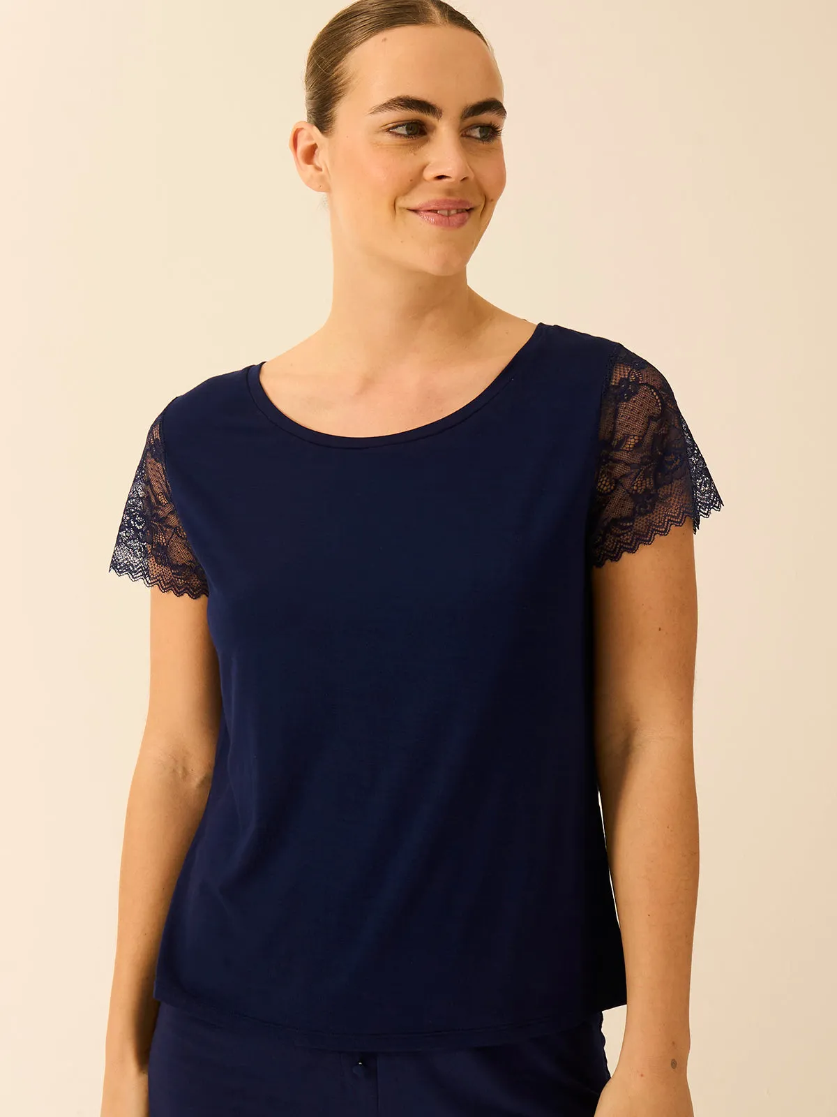 Eco Lace Slouchy Pyjama Top - Navy sold by Stripe & Stare