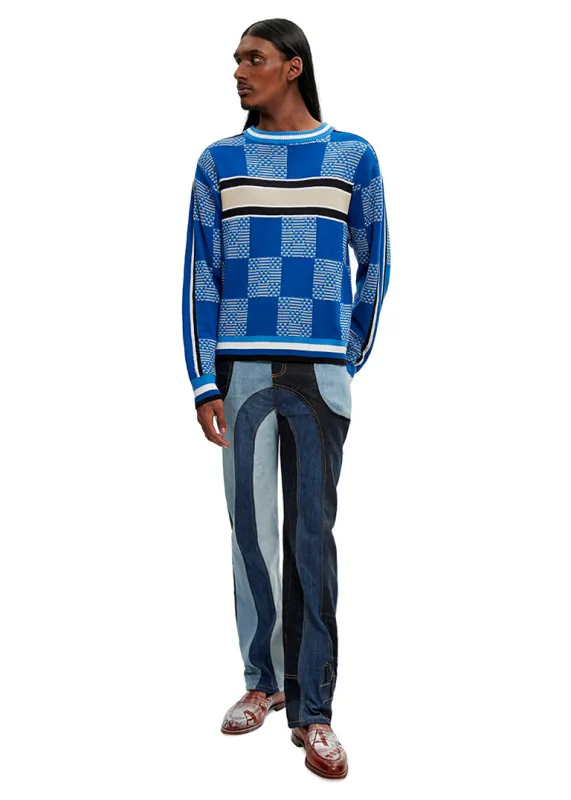 Checkerboard knitted crew jumper made by Ahluwalia