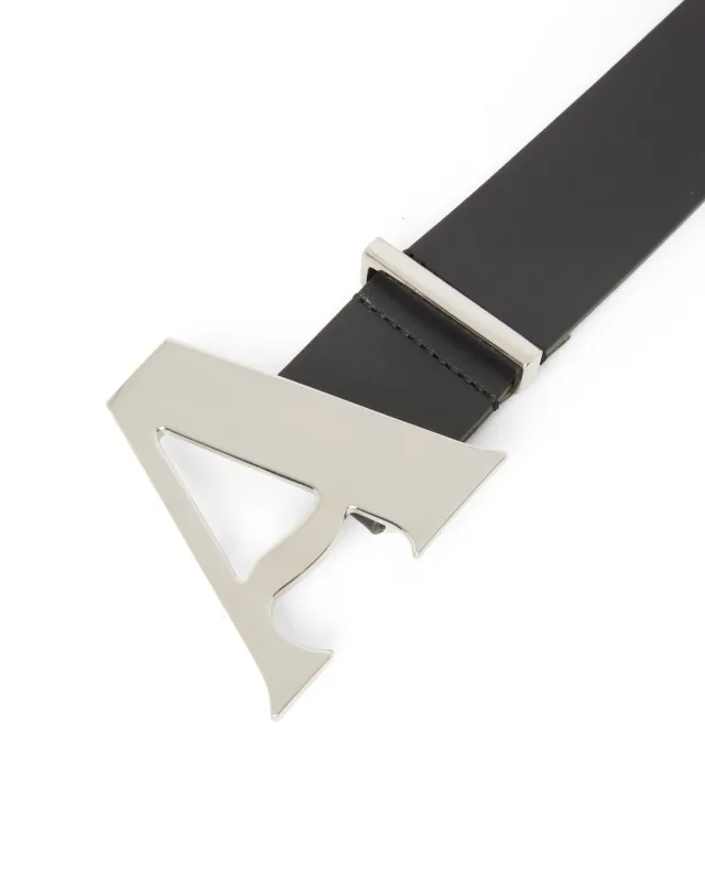 "A" Buckle Black Leather Belt made by Ahluwalia