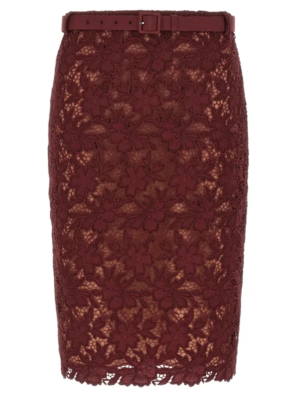 Burgundy Guipure Lace Midi Skirts Bordeaux sold by Wanan Luxury