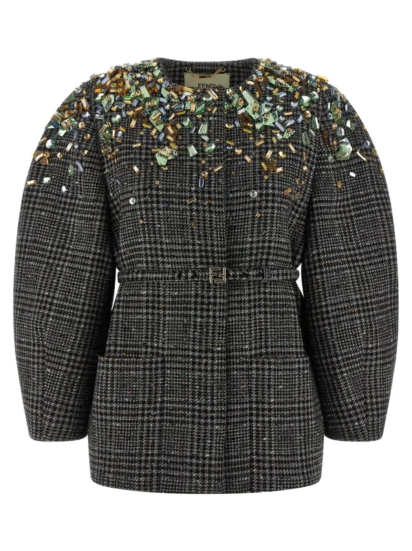 Tweed Jacket Puffer Jackets Gray made by Fendi