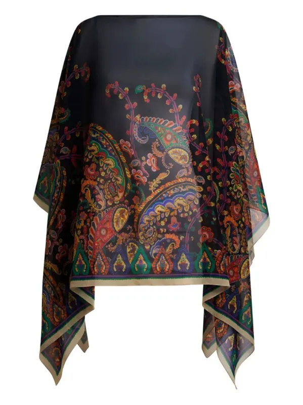 Silk Poncho Top With Placed Floral Paisley Print sold by Wanan Luxury