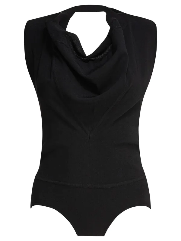 Sleeveless Draped Bodysuit Tops Black made by Wanan Luxury