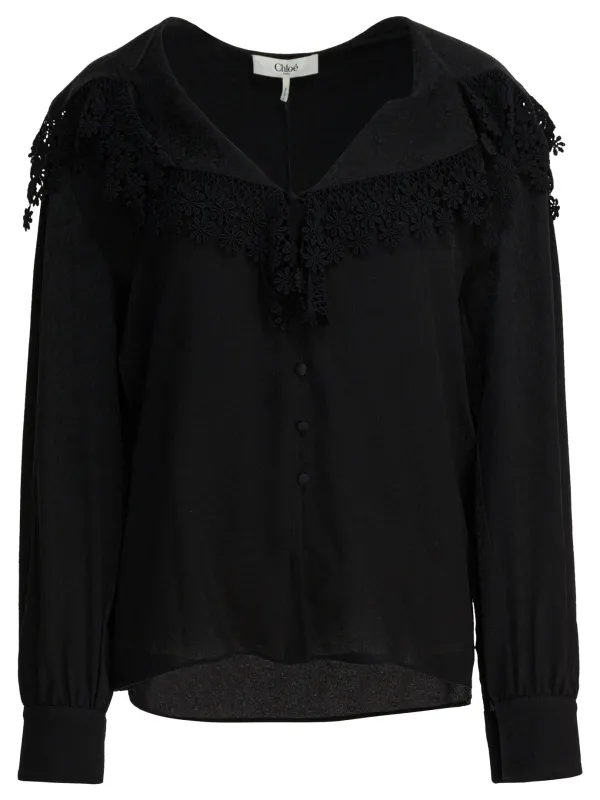 Blouse With Lace Collar Shirts Black sold by Wanan Luxury