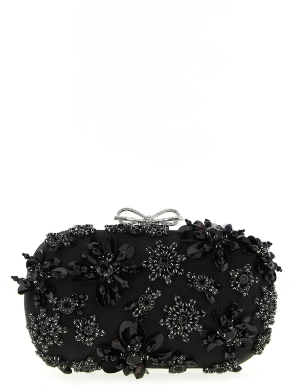 Black Satin Floral Crystal Clutch Black sold by Wanan Luxury