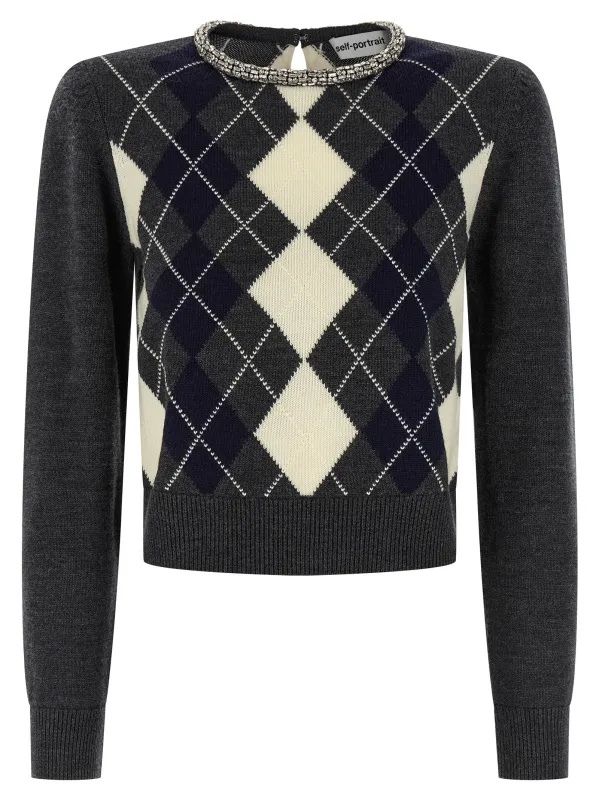 Grey Argyle Crystal Trim Sweaters And Cardigans Gray sold by Wanan Luxury
