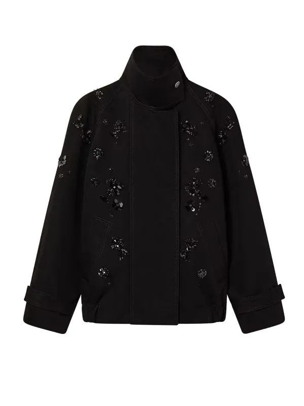 Black Denim Jacket With Floral Details In Sequins And Crystals sold by Wanan Luxury