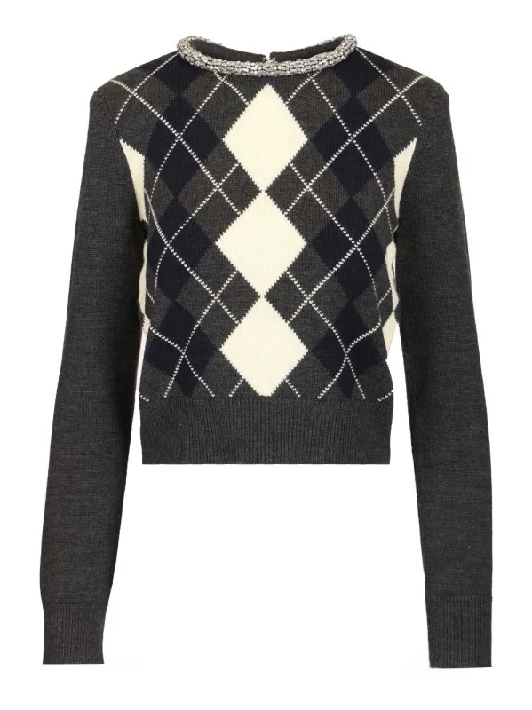 Diamond-Patterned Sweater With Crystal Trim Knitwear Grey sold by Wanan Luxury