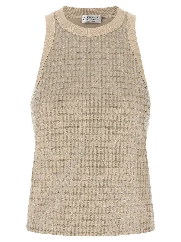 Dazzling Check Embroidery Tops Beige made by Brunello Cucinelli