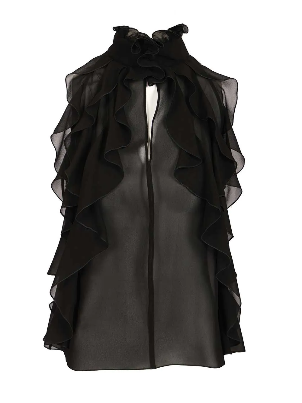 Cut-Out Top In Silk Georgette With Ruffles Tops Black sold by Wanan Luxury