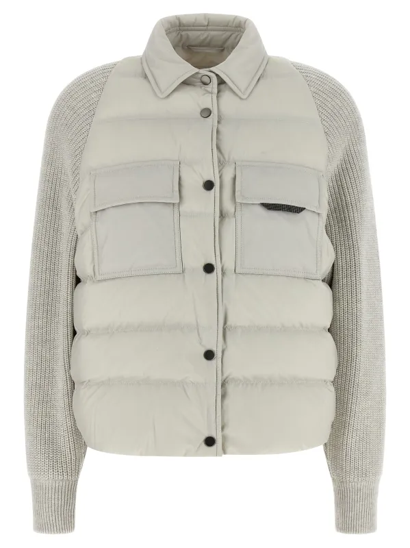 Shiny Flap Detail Puffer Jackets Gray made by Brunello Cucinelli