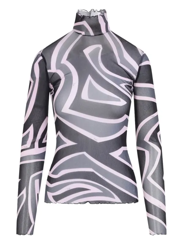 Semi Sheer Printed Long-Sleeved High-Neck Top sold by Wanan Luxury