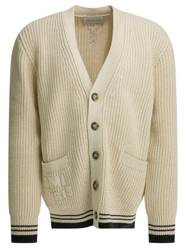 Wool Cardigan With Logo Knitwear White made by Ami