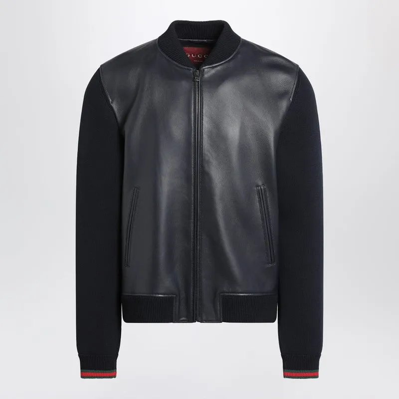 Navy Blue Nappa Leather And Knit Bomber Jacket sold by Wanan Luxury
