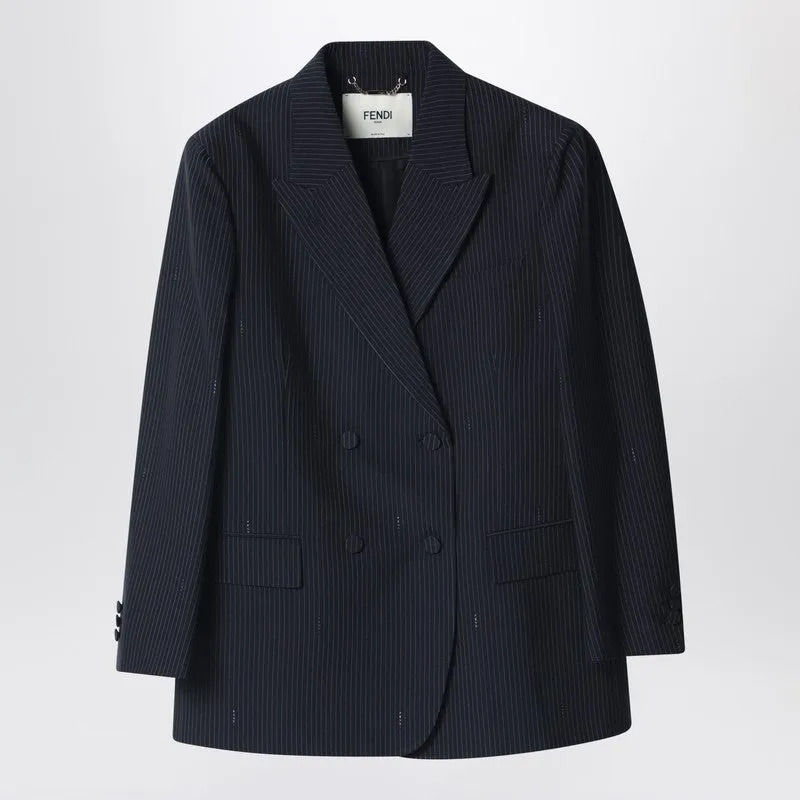 Navy Blue Pinstriped Wool Blazer sold by Wanan Luxury