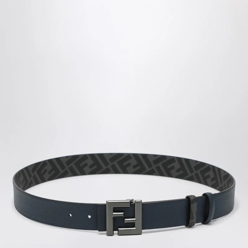 Dark Blue Leather And Black Ff Canvas Reversible Belt sold by Wanan Luxury