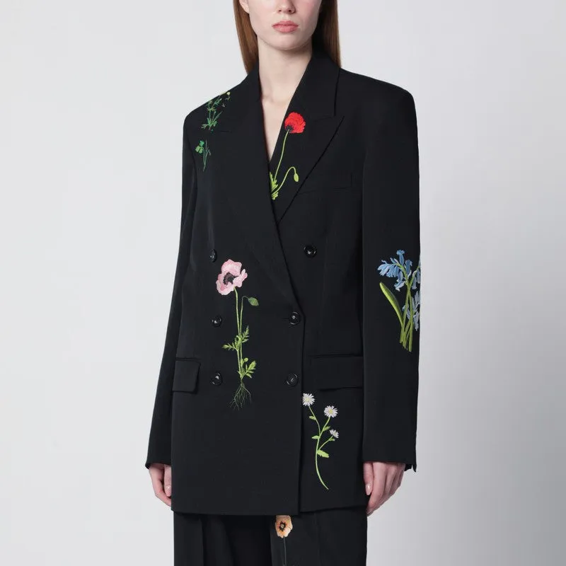 Black Double-Breasted Jacket With Floral Embroidery sold by Wanan Luxury