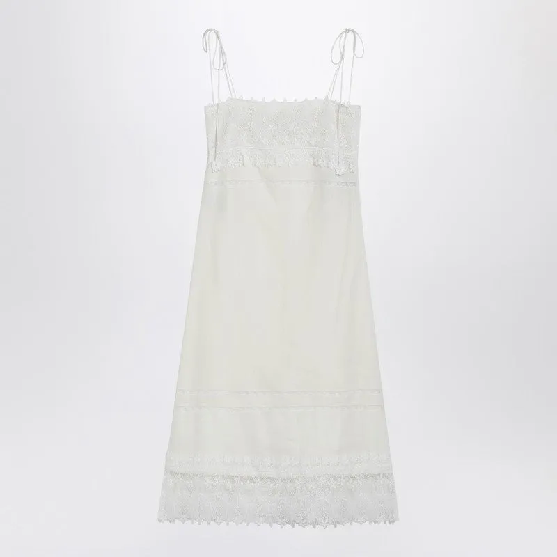 Ivory Linen Midi Dress With Sangallo Embroidery sold by Wanan Luxury