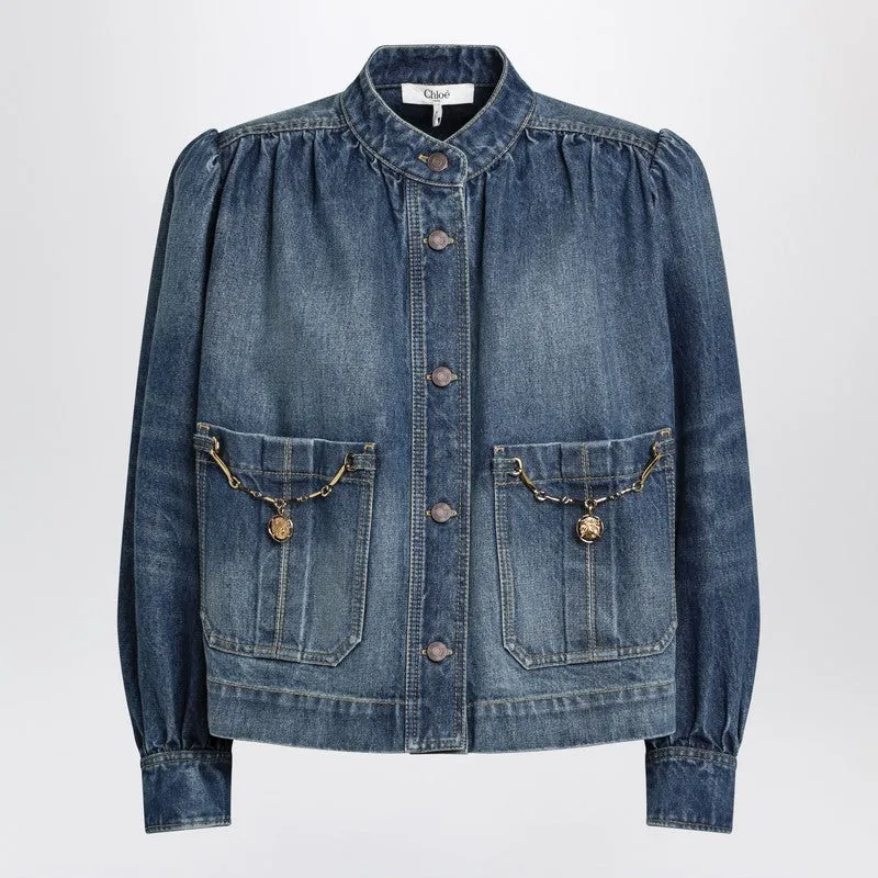 Indigo Blue Gathered Denim Jacket sold by Wanan Luxury