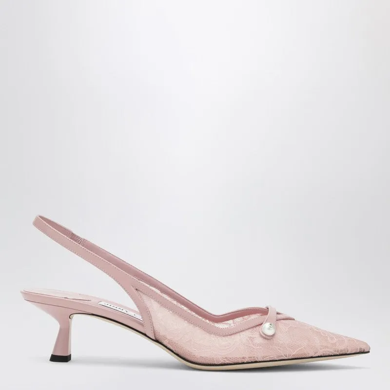 Amita 45 Slingback Pumps In Pink Leather And Lace sold by Wanan Luxury