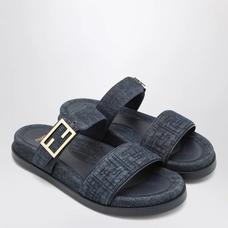 Dark Blue Denim Fabric Slides made by Fendi